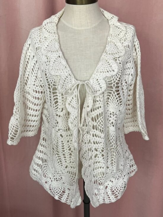 Premiere Collections Sweaters - 100% Cotton Crochet Cardigan XL Cream Knit Tie Front Boho Sweater